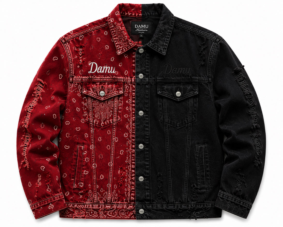 DAMU Split Bandana & Black Distressed Denim Jacket