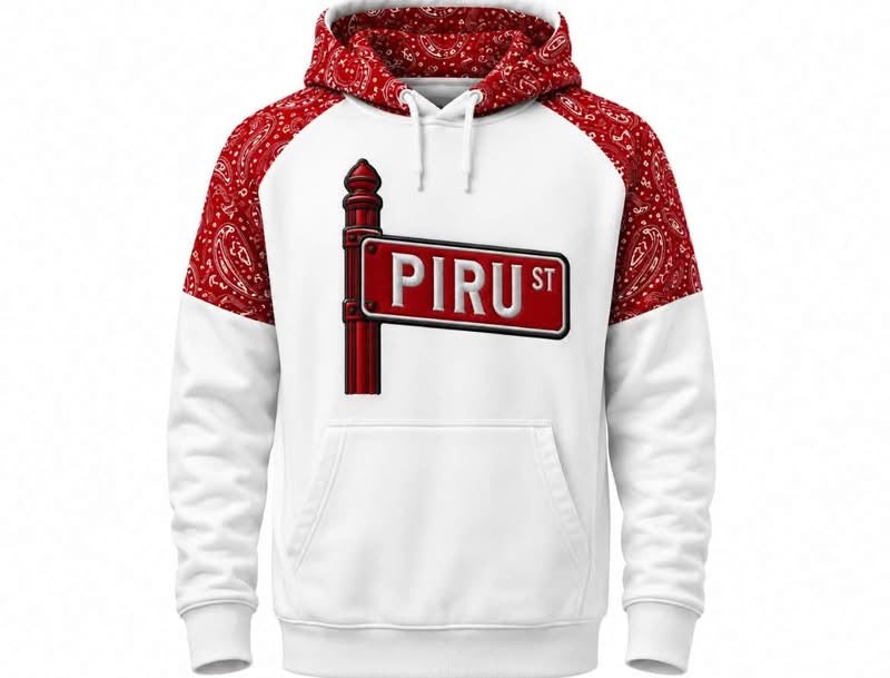 PIRU ST Street Sign Hoodie | Red Paisley Streetwear Pullover