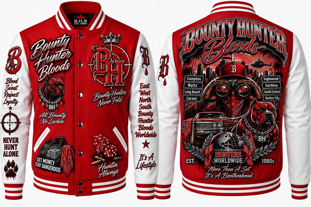 Bounty Hunter Bloods Varsity Jacket – Red & White Streetwear